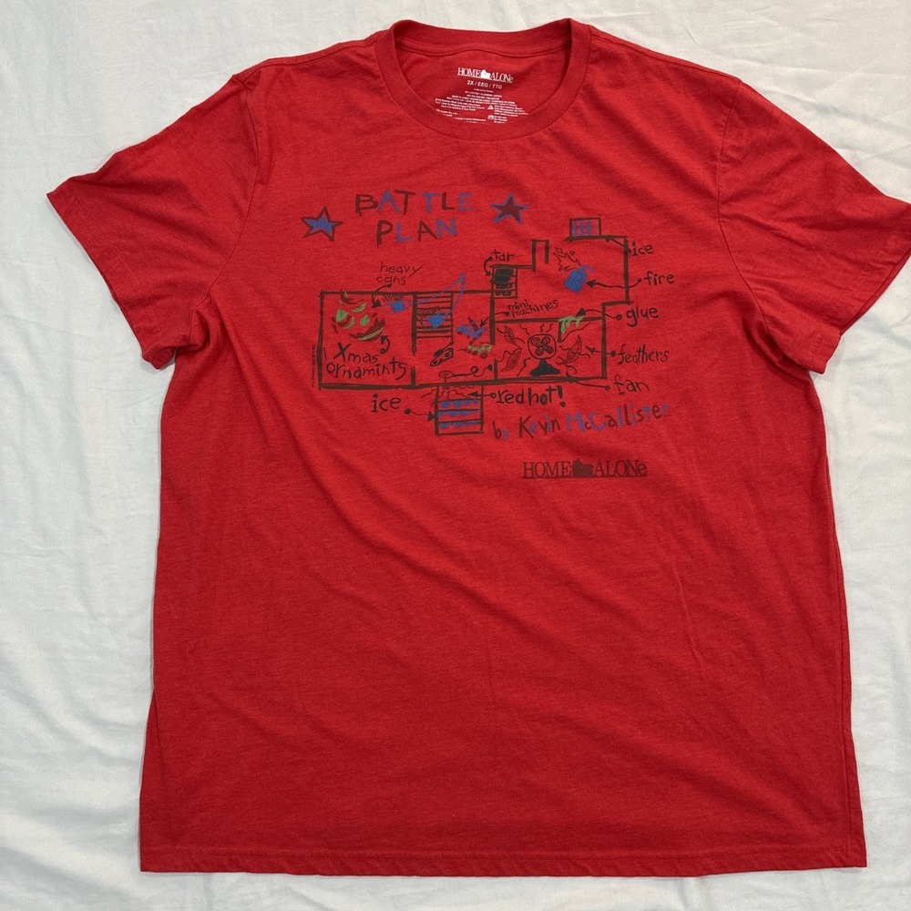 Men's size XXL  Home Alone Battle‎ Plan Kevin McCallister Red T-Shirt